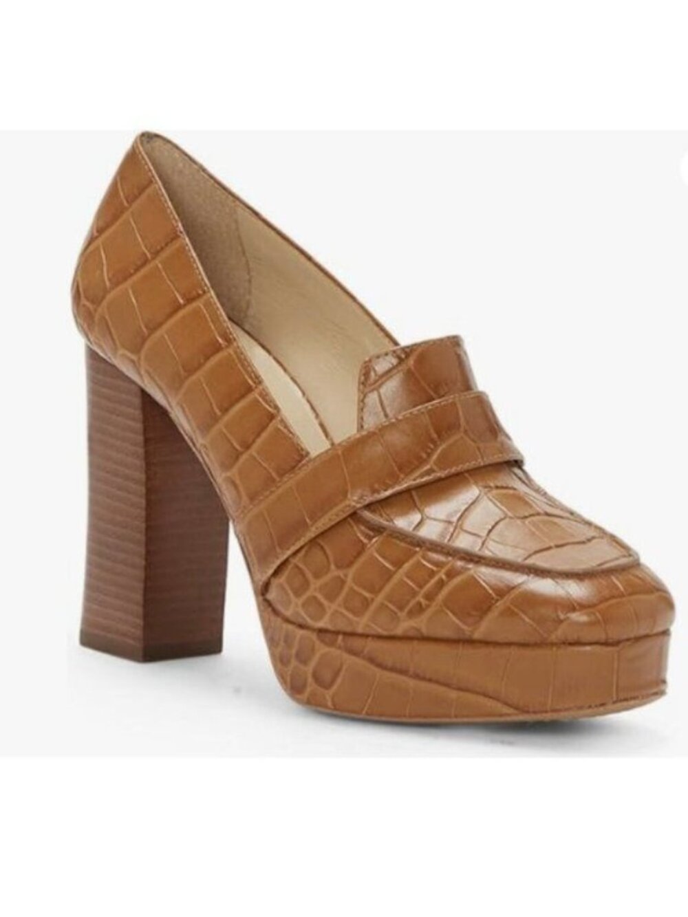 Women Chunky Heel Leather Loafer, Stylish Square Toe High Heel Loafer Shoe Brown
